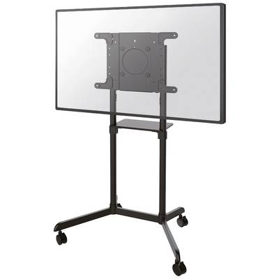 Mobiele tv-standaard met zwart metalen frame en wielen, geschikt voor grote schermen voor flexibele ruimte-indeling.