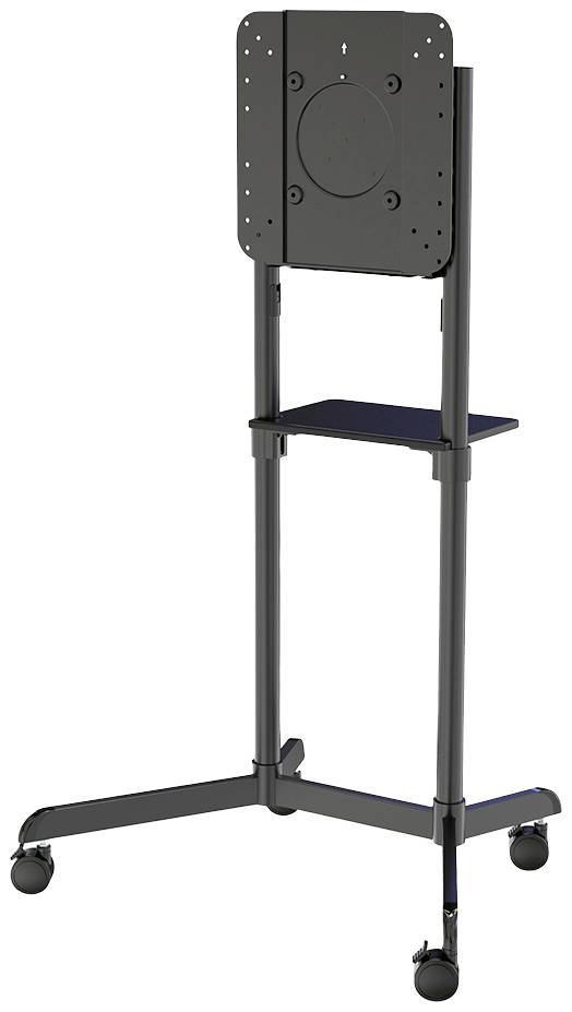 Een zwarte, in hoogte verstelbare tv-standaard met wielen, geschikt voor monitoren, met een middelste plank voor toebehoren.