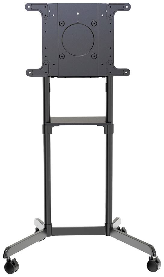 Tv-standaard op wielen met hoogteverstelbare houder. Zwart metalen frame, geschikt voor presentatiedoeleinden.