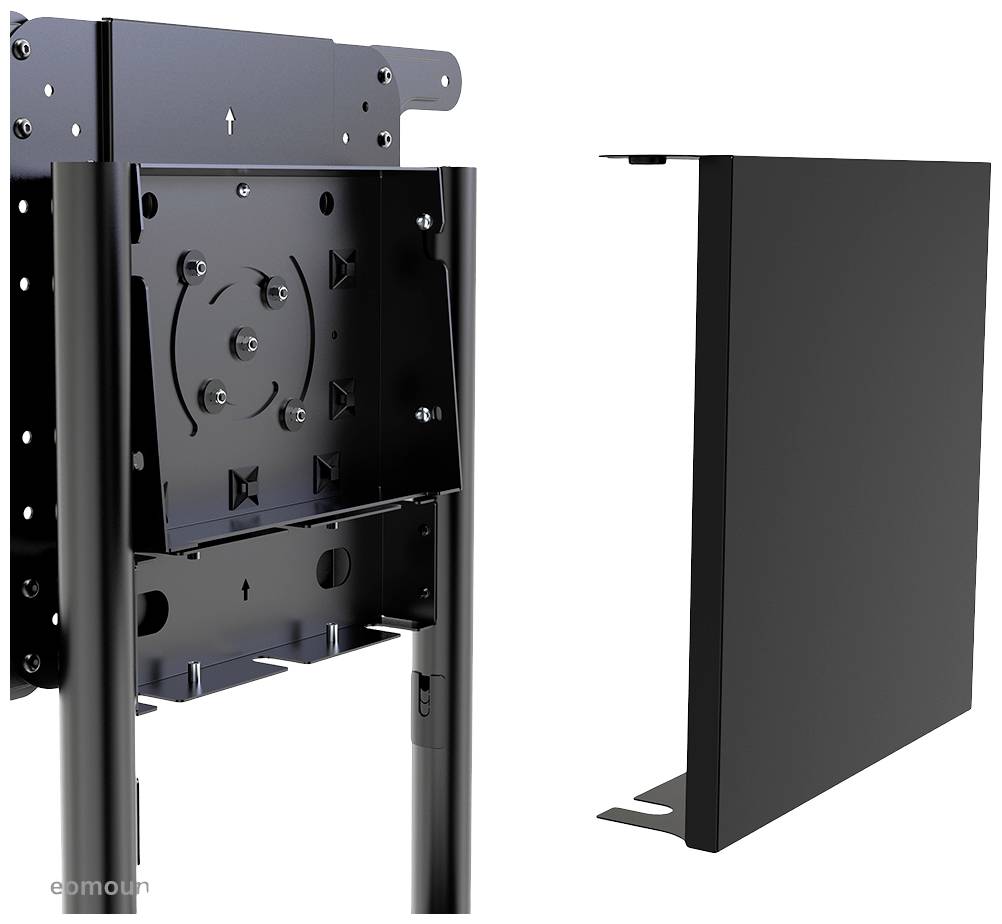 Montagebeugel voor flatscreens links, zwarte afdekking rechts, beide geschikt voor tv-bevestiging aan verticale stangen.