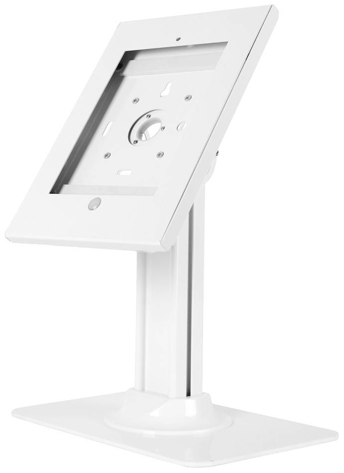 Een witte tablet-standaard met een draaibare arm en een rechthoekige houder. Ideaal voor presentaties of tentoonstellingen.