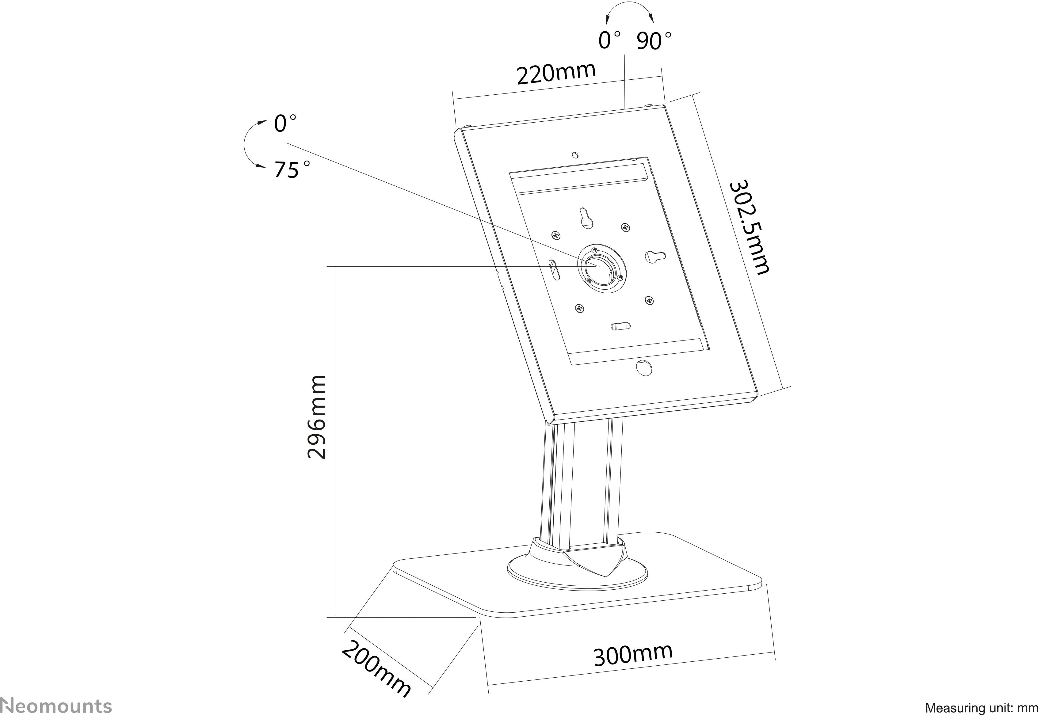 Technische tekening van een draaibare tablethouder. Afmetingen: hoogte 302,5 mm, basis 300 x 200 mm, kanteling 0° tot 75°, rotatie 0° tot 90°.