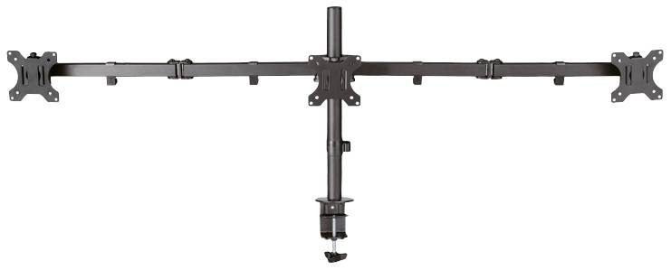 Metalen monitorbeugel met meerdere montageopties. Geschikt voor flexibele bevestiging van drie monitoren aan een bureau.