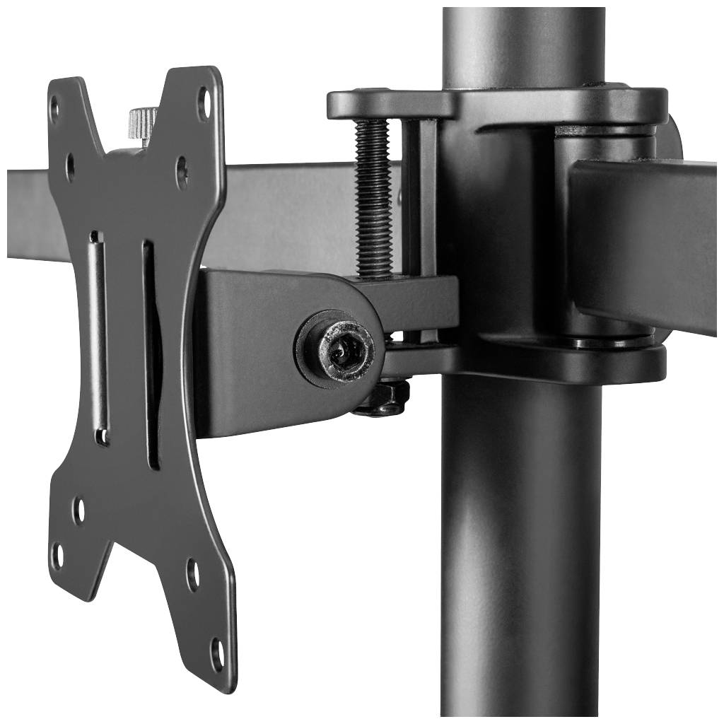 Een zwarte monitorsteun met verstelbare arm, gemonteerd aan een verticale stang. Geschikt voor ergonomische werkplekoplossingen.