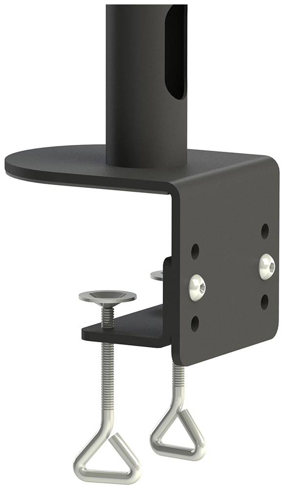 Zwarte metalen beugel met twee schroeven voor bevestiging, geschikt voor montage aan tafels of werkoppervlakken.