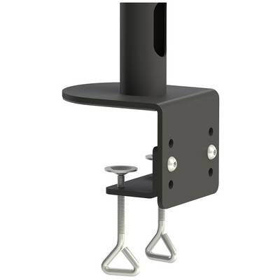 Zwarte metalen beugel met twee schroeven voor bevestiging, geschikt voor montage aan tafels of werkoppervlakken.