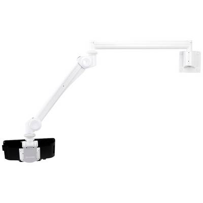 Een witte, verstelbare wandarm met twee scharnieren die een monitorsteun draagt. Ideaal voor flexibele positionering van beeldschermen.