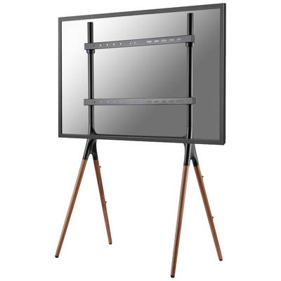 Een tv met een zwarte rand, gemonteerd op een standaard met houten poten. Ideaal voor modern interieurdesign en flexibele plaatsing.