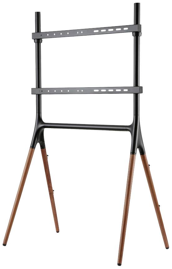 Metalen standaard op houten poten ter ondersteuning van een flatscreen tv, geschikt voor verschillende schermformaten.