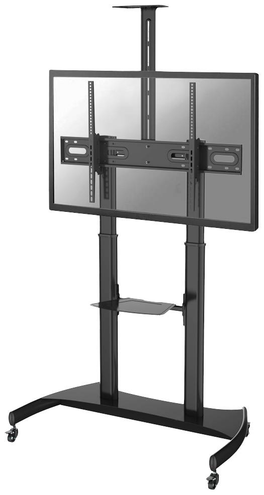 Een zwarte, verrijdbare tv-standaard met verstelbare hoogte, geschikt voor grote flatscreens, gemonteerd op wielen voor eenvoudige verplaatsbaarheid.