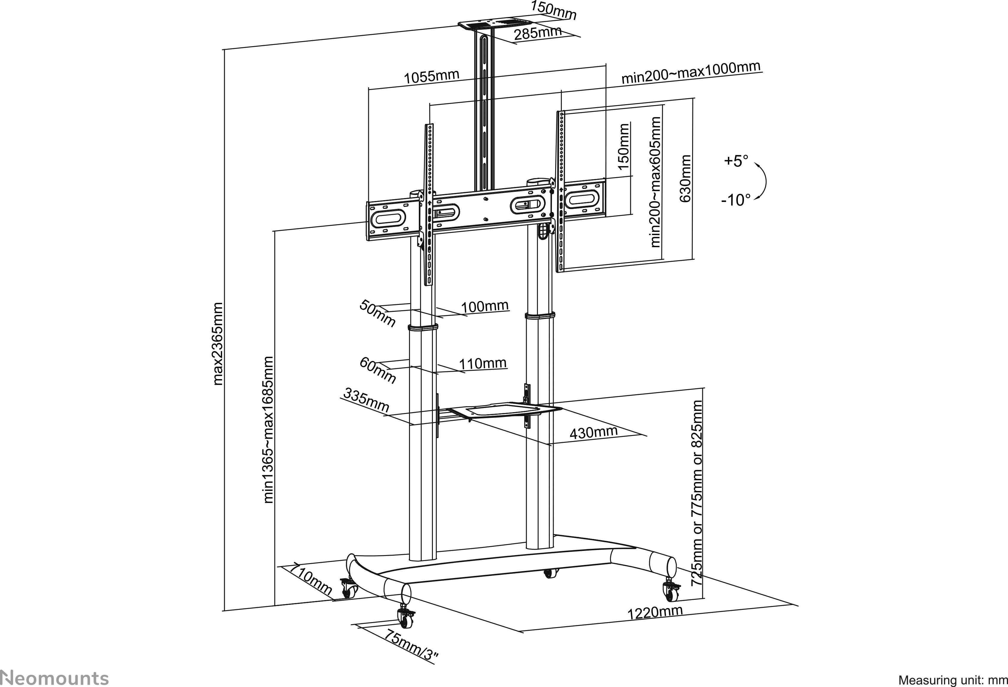 Een in hoogte verstelbare tv-trolley met wielen, geschikt voor beeldschermen van 32 tot 100 inch. Minimale hoogte 1555mm, maximale hoogte 1655mm.