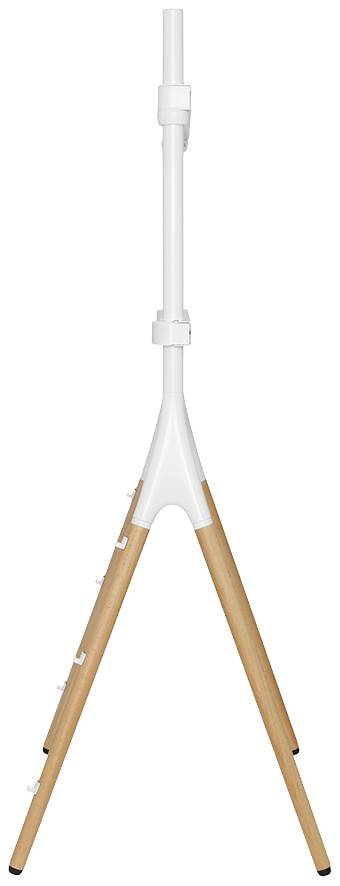 Een wit statief met verstelbare houten poten toont een minimalistische en moderne vormgeving. Geschikt voor verschillende toepassingen.