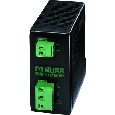 Zwart elektronisch apparaat met groene aansluitklemmen, gemarkeerd met 'MURR ELEKTRONIK'. Klemmen zijn gemerkt met '+', 'L', 'N'.