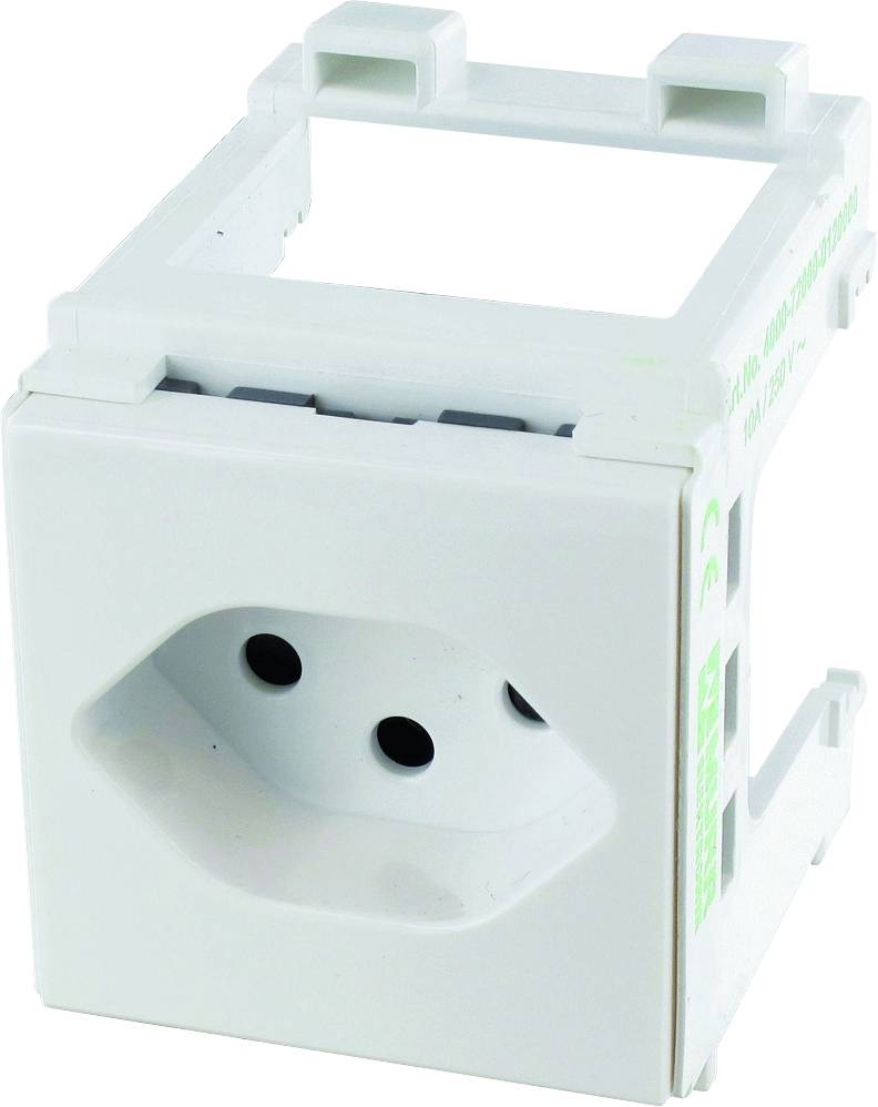 Een witte vierkante elektrische schakelaar met twee gaten, gemonteerd in een rechthoekige lijst, geschikt voor elektrische installaties.