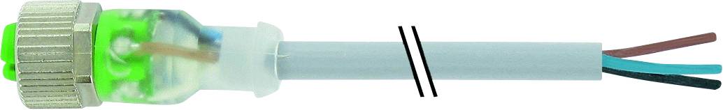 Een grijs ommantel kabel met zichtbare binnenaders in groen, bruin en blauw, verbonden met een stekkerverbinding met metalen schroefdraad.