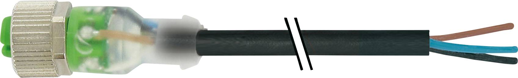 Een kabel met drie gekleurde draden (bruin, blauw, groen-geel) en metalen verbinders aan het andere uiteinde, geschikt voor industriële bekabeling.