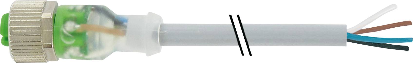 Een gestript kabel met een geïsoleerde metalen aansluiting aan de ene kant en vier gekleurde draden aan de andere kant.