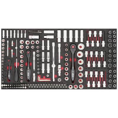 'Foam insert with sorted wrench keys, socket wrenches, extensions and accessories.'
