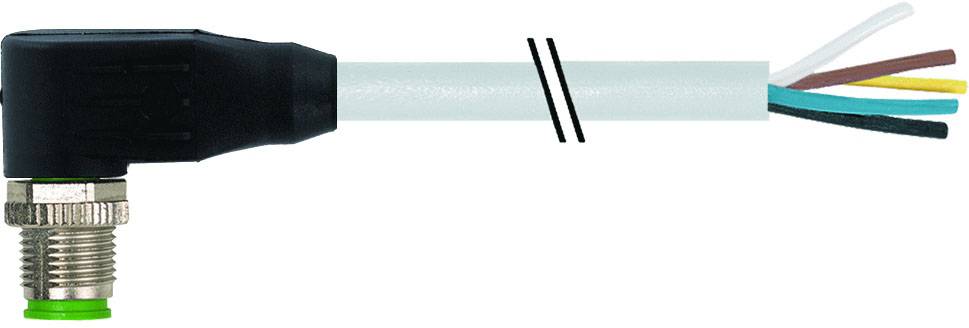 Een gehoekte connector met een wit kabel die vijf blootliggende draden in verschillende kleuren laat zien.