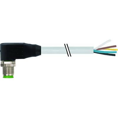 Een gehoekte connector met een wit kabel die vijf blootliggende draden in verschillende kleuren laat zien.