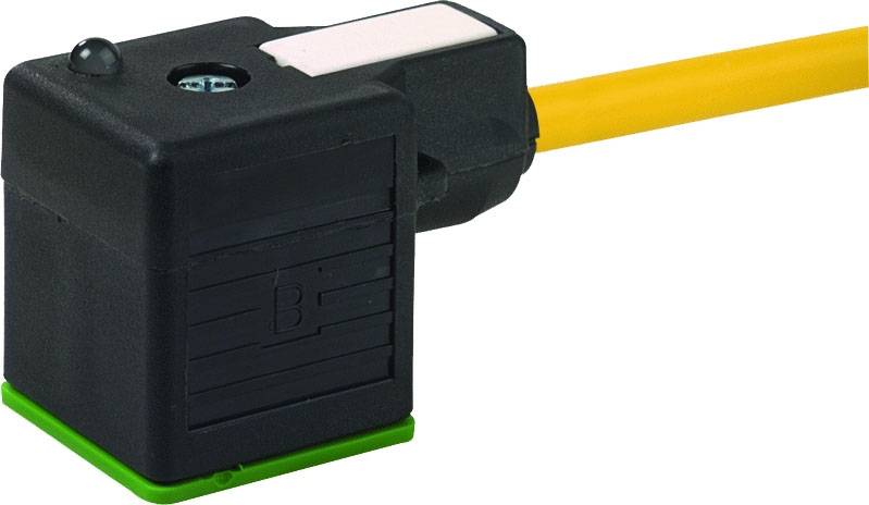 Zwarte sensor met geel kabel, rechthoekige vorm en groene basis. Voornamelijk ontworpen voor industriële toepassingen.