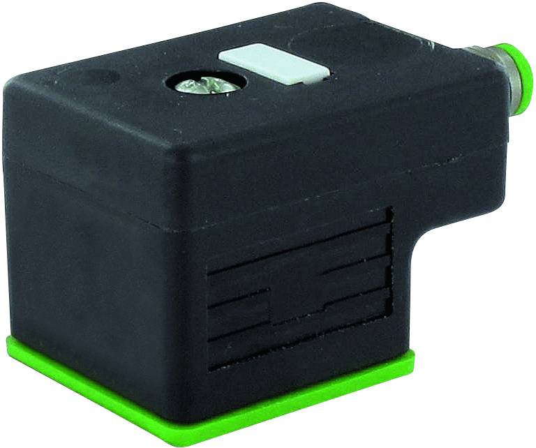 Een zwart elektronisch onderdeel met een groene voet en een zichtbare witte schakelaar aan de bovenkant.
