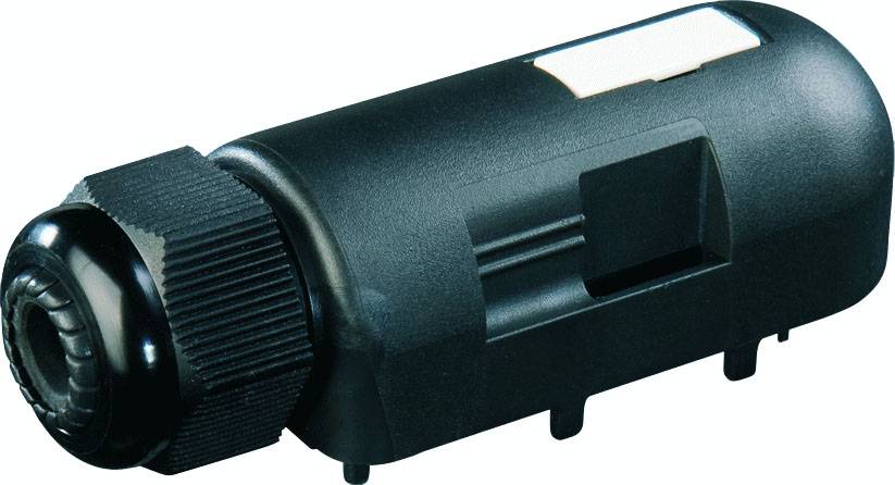 Zwarte kunststof dop met gekartelde schroefafsluiting, afgeronde uiteinde en rechthoekige uitsparing aan de zijkant.