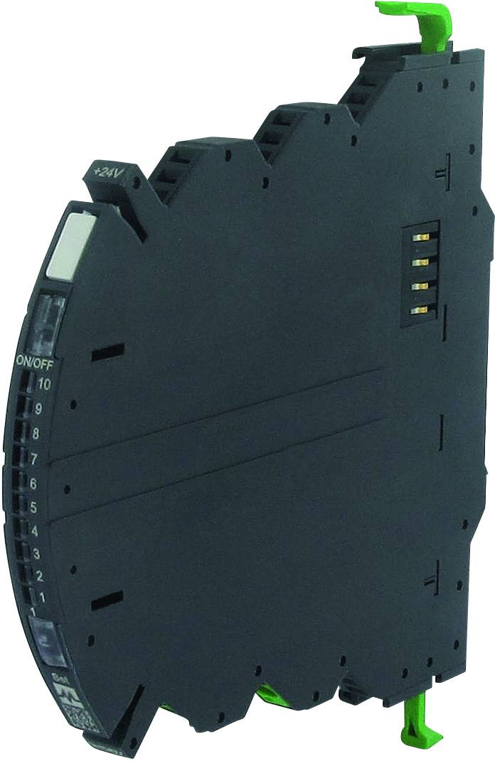 DIN-railmodule, zwart, voor elektrische bekabeling; markering toont 'ON/OFF' en '+24V'; twee groene bevestigingsclips bovenaan en onderaan.