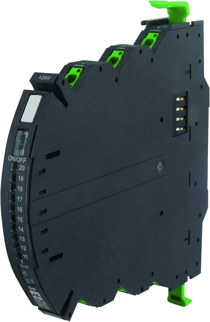 Een zwart, plat elektronisch onderdeel met groene aansluitingen en een zijdelings opschriftgebied, vermoedelijk een relaismodule.