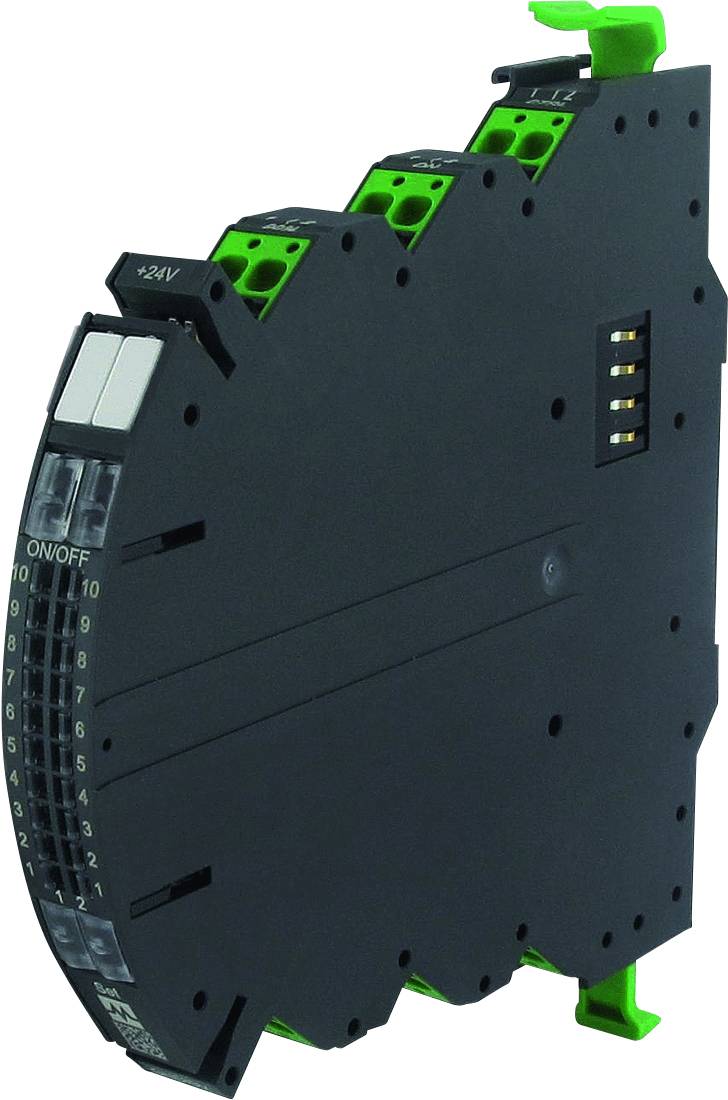 Elektronisch apparaat, vermoedelijk een module voor automatiseringstechniek, met aansluitklemmen bovenaan en een schakelaar aan de zijkant.