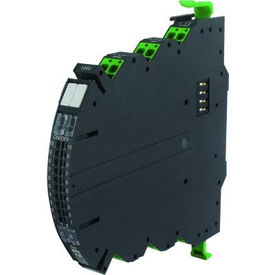 Elektronisch apparaat, vermoedelijk een module voor automatiseringstechniek, met aansluitklemmen bovenaan en een schakelaar aan de zijkant.