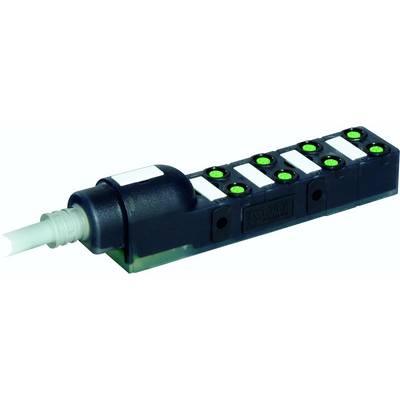 Een zwarte distributiebox met acht groene LED-indicatoren. Links is een kabelaansluiting zichtbaar. Gebruikt in industriële toepassingen.