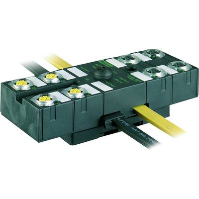 Een industriële verdeelblok met meerdere aansluitingen en kabels. Gebruikt voor elektrische distributie in geautomatiseerde systemen.