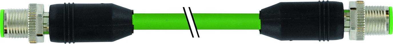 Een groen kabel met zwarte aansluitingen aan beide uiteinden, gescheiden door een diagonale lijn in het midden.