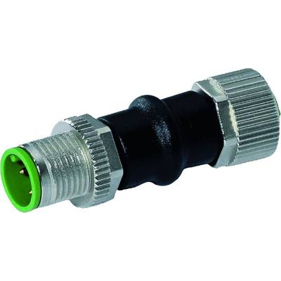 Een zwarte en zilveren metalen stekker met een groen uiteinde en meerdere pinnen, gebruikt voor elektronische verbindingen.