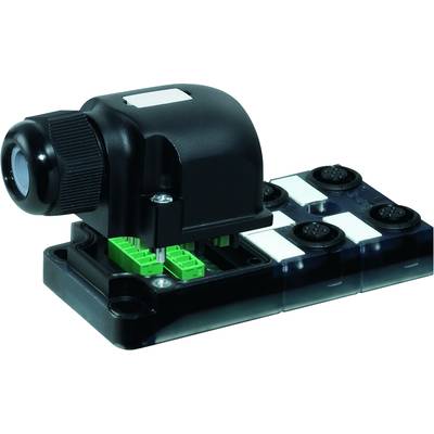 Een zwart, rechthoekig camera- of sensorbehuizing met meerdere groene aansluitingen aan de onderkant op een montagespoor.