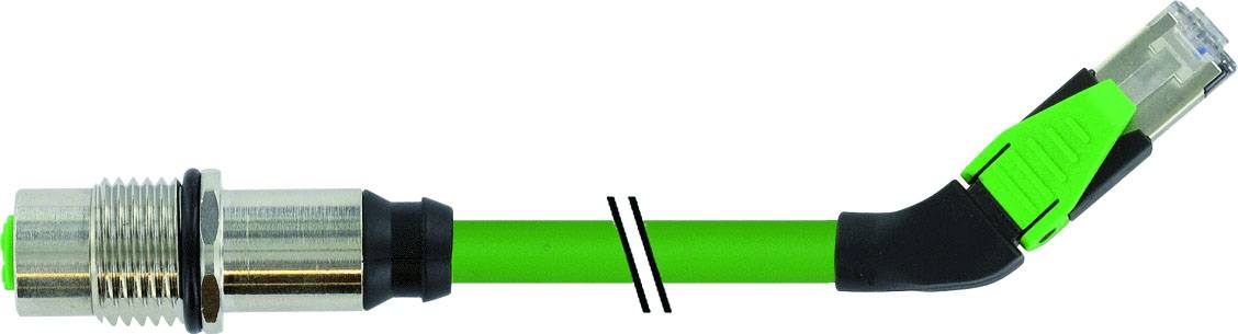 Een groen Ethernet-kabel met een metalen stekker links en een RJ45-stekker rechts, verbonden voor industriële netwerktoepassingen.