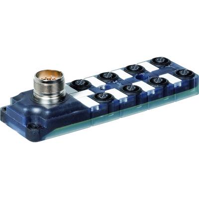 Multipolige connector met acht aansluitingen, geschikt voor industriële toepassingen, voorzien van robuuste metalen bevestiging.