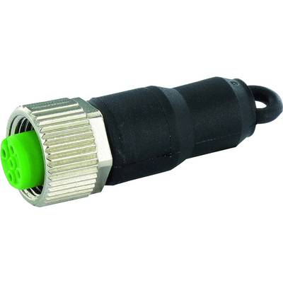 Een zwarte stekker met een groene aansluiting en een gegolfd metalen ring. Bestemd voor elektrische verbindingen in industriële installaties.