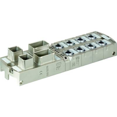 Metalen industriecomponent met meerdere aansluitingen en sleuven, gebruikt voor technische of elektronische toepassingen.