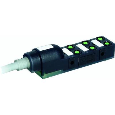 Een zwarte sensorblok met groen oplichtende LED's en kabelaansluiting, gebruikt voor het bewaken van industriële processen.