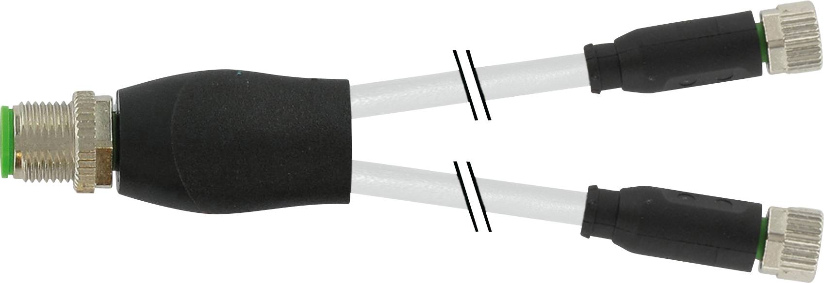 Y-kabel met drie stekkers, aan het einde tweemaal vertakt, zwarte kunststof mantel, geschikt voor elektrische aansluitingen.