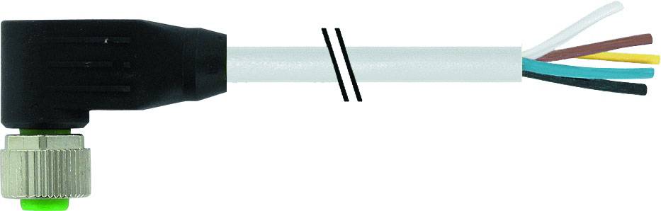 'Close-up van een haaks aangesloten connector met blootliggende kabeluiteinden in verschillende kleuren. De stekker heeft een zwarte beschermkap.'