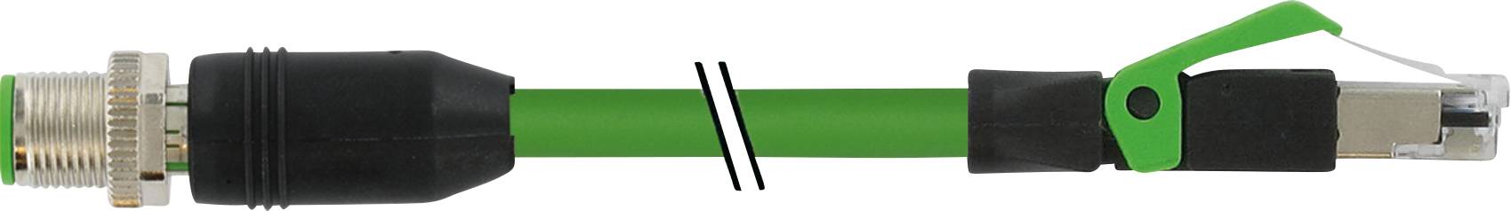 Groen netwerkkabel met connectoren aan beide uiteinden, links met beschermende zwarte hoes, rechts transparant met vergrendelingsmechanisme.