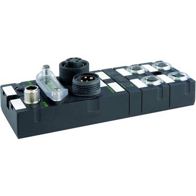 Een zwart, rechthoekig elektronisch module met meerdere ronde stekkerverbindingen, geschikt voor industriële toepassingen.
