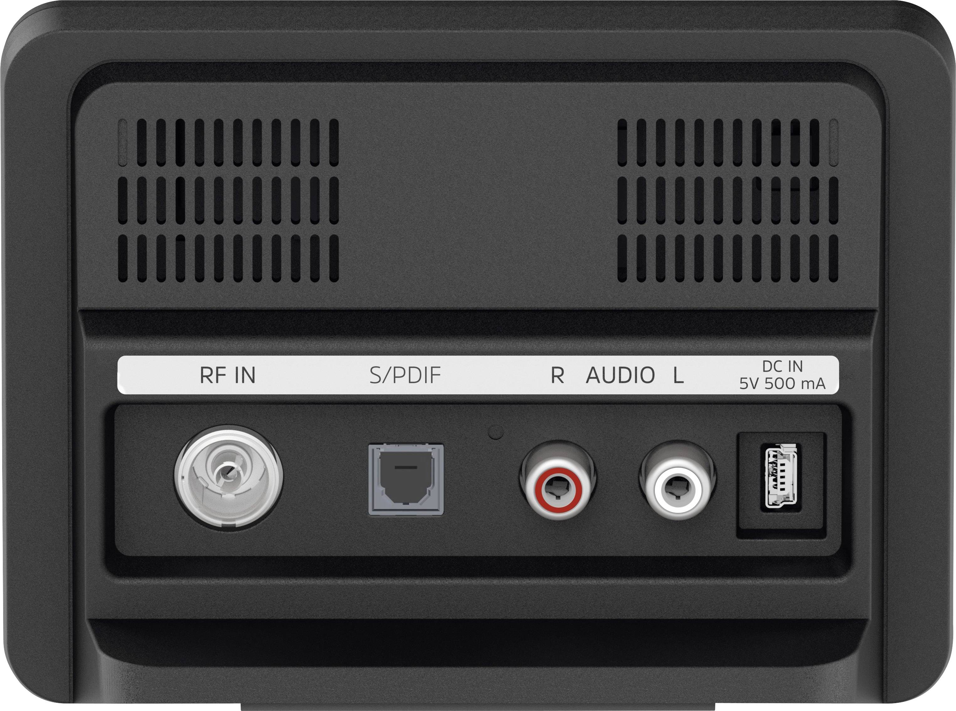 Achterkant van een televisietoestel met aansluitingen: RF-ingang, S/PDIF, Audio rechts, Audio links, DC IN 5V 500mA.