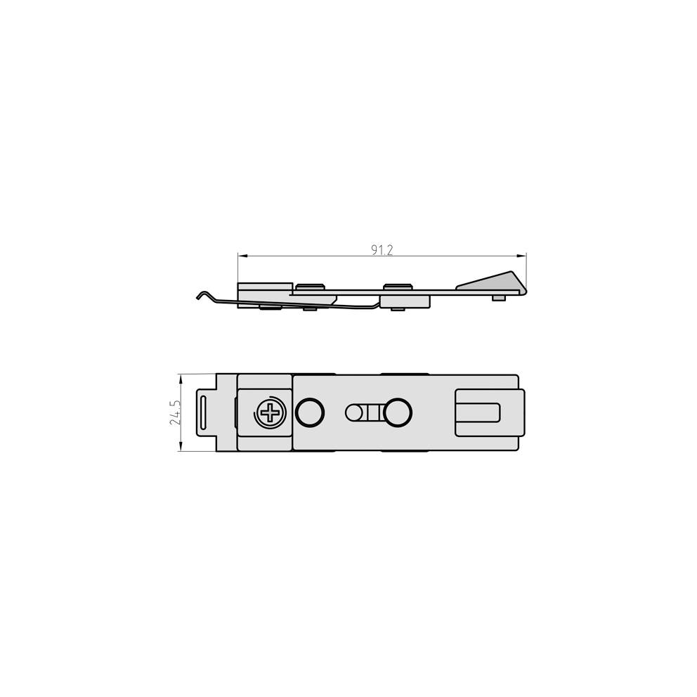 Technische tekening van een clip met afmetingen: 912 mm breed en 24,5 mm hoog. Toont voor- en zijaanzicht met schroef.