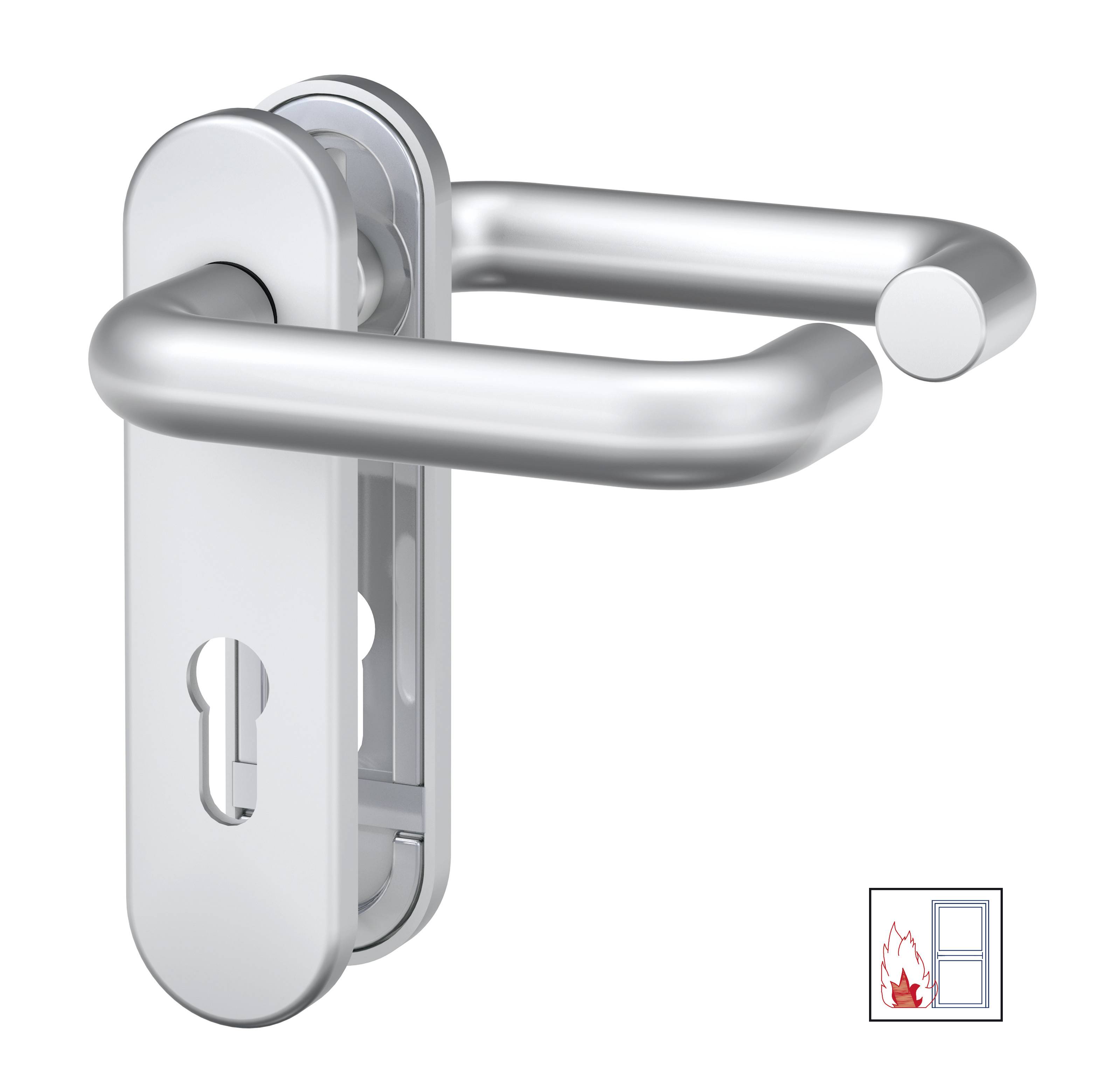 Deurklinkenset in zilver, geschikt voor brand- en rookwerende deuren, met geïntegreerde cilinder.