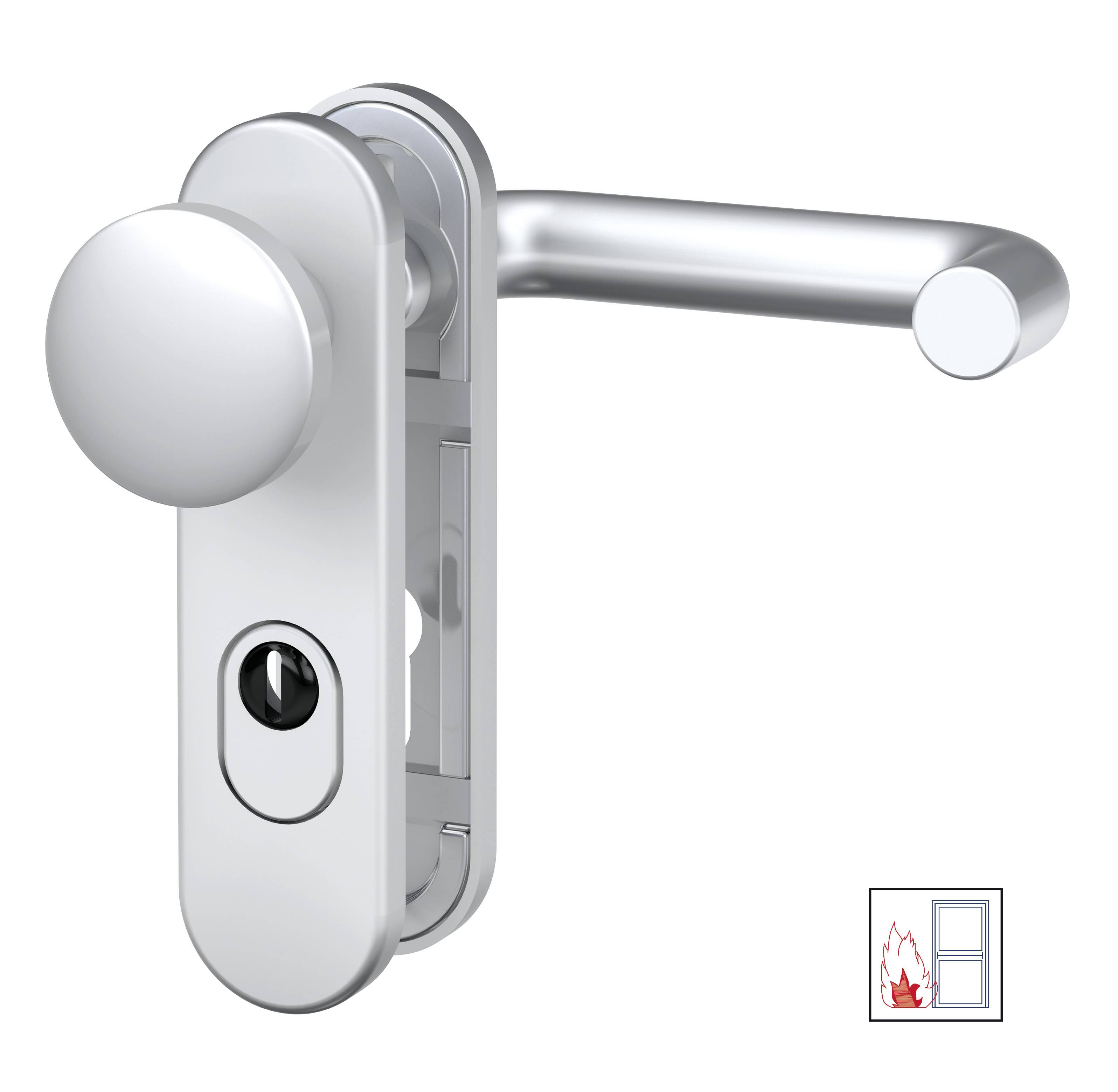Metalen deurklink met geïntegreerde cilinder, geschikt voor branddeuren. Bevat het officiële symbool voor brandbeveiliging.