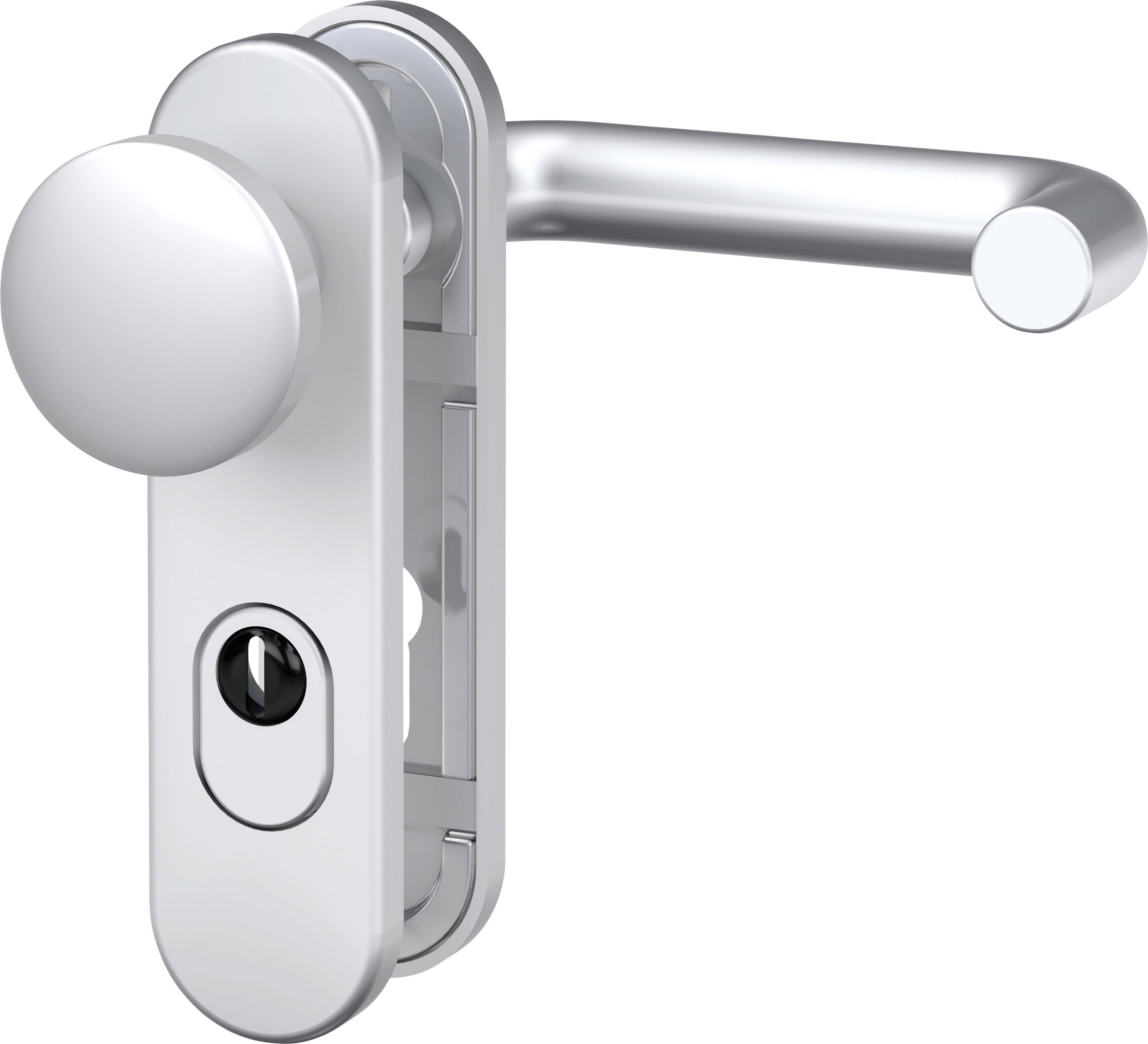 De afbeelding toont een zilveren deurgreep met een ingebouwd sleutelgat en een beweegbare kruk, typisch voor voordeuren.